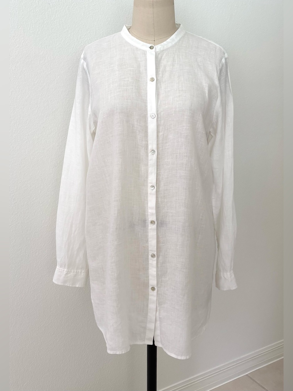 Eileen Fisher White Handkerchief Linen Tunic Mandarin Collar Button-Front M - Picture 2 of 7